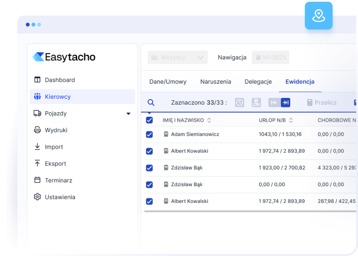 Panel systemu z listą kierowców i podglądem rozliczeń